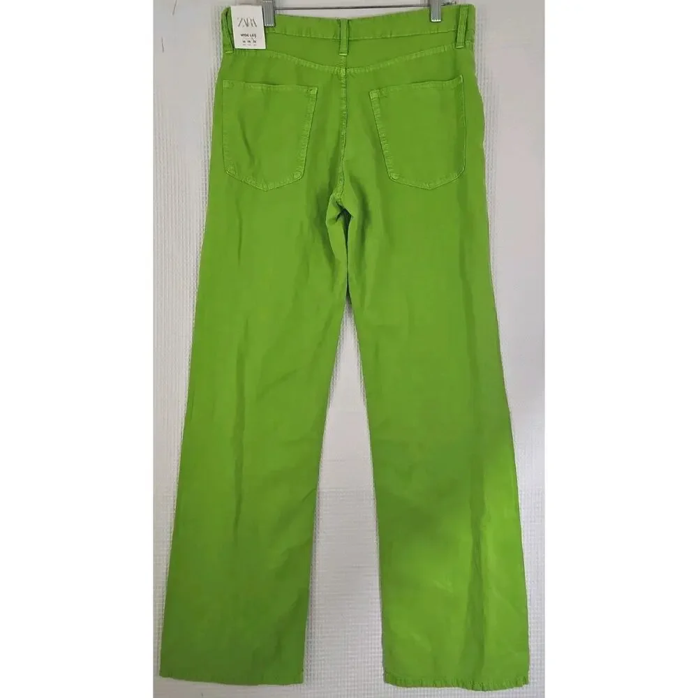 ZARA ~Woman Size 6(US)~ Apple Green Mid-Rise Linen Blend Wide Leg Pants NWT.